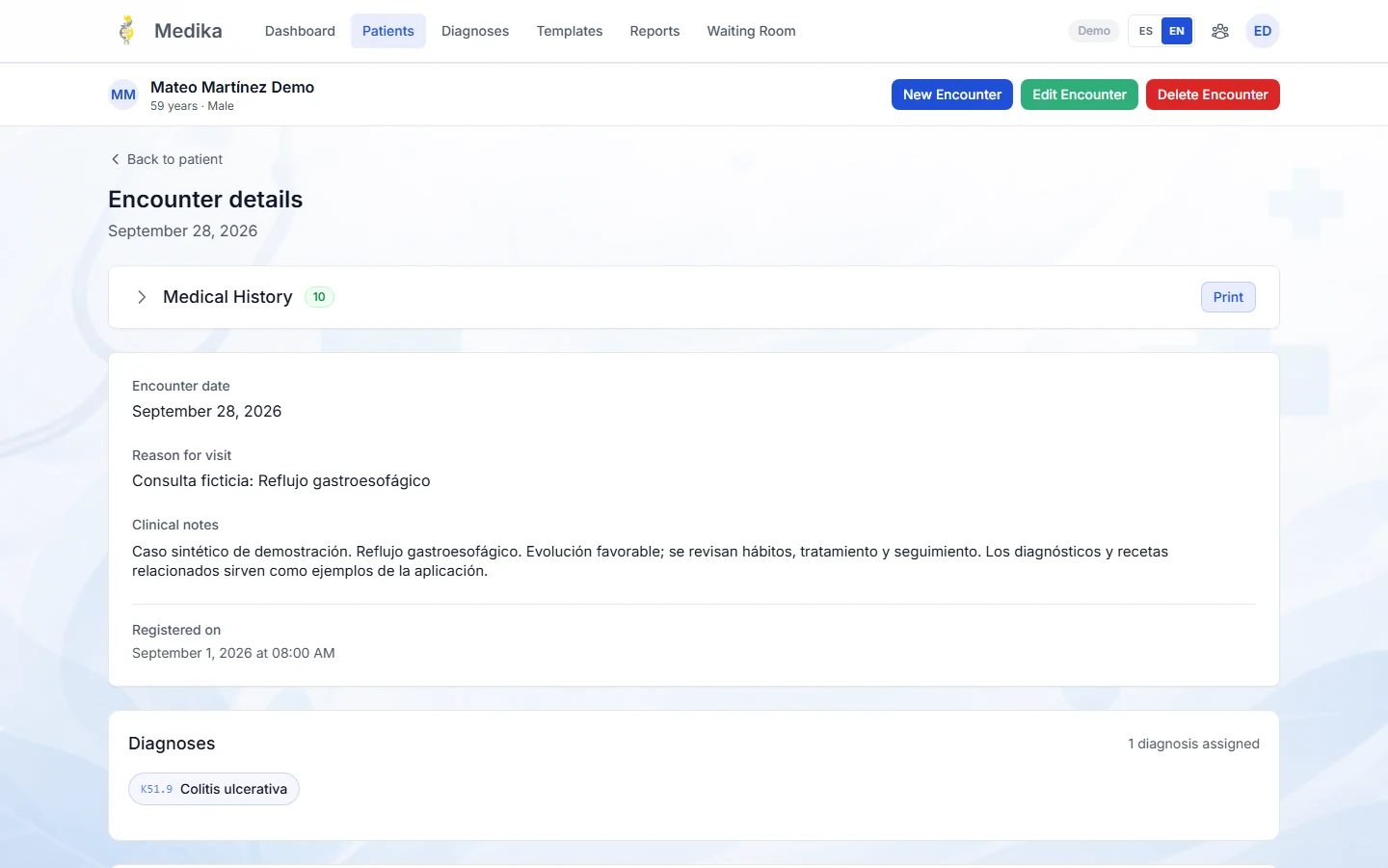 MEDIKA consultation record showing fictional clinical notes and prescription workflow