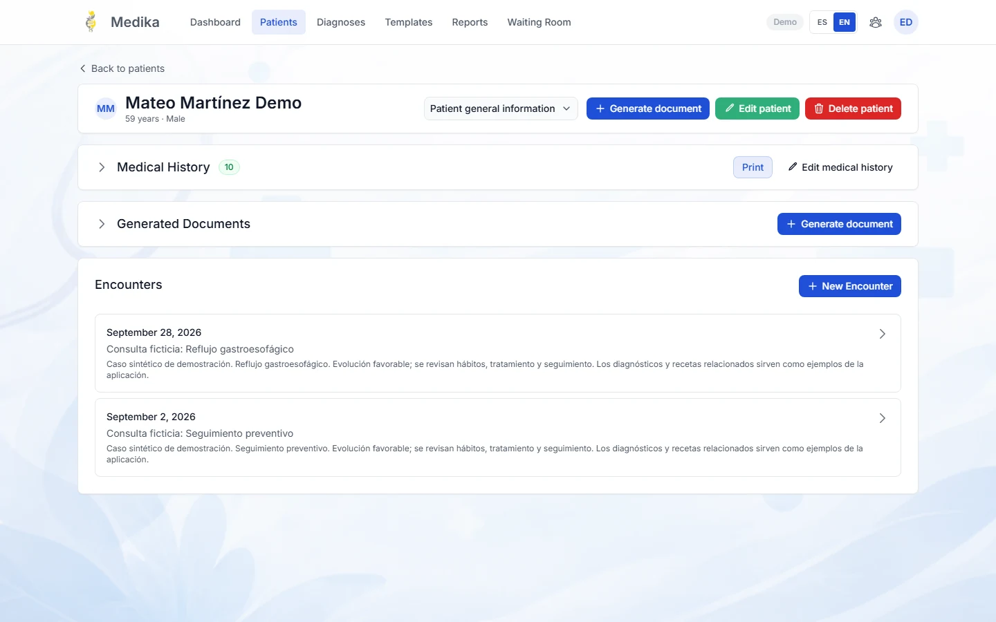 MEDIKA patient overview and consultation history for a fictional Demo patient